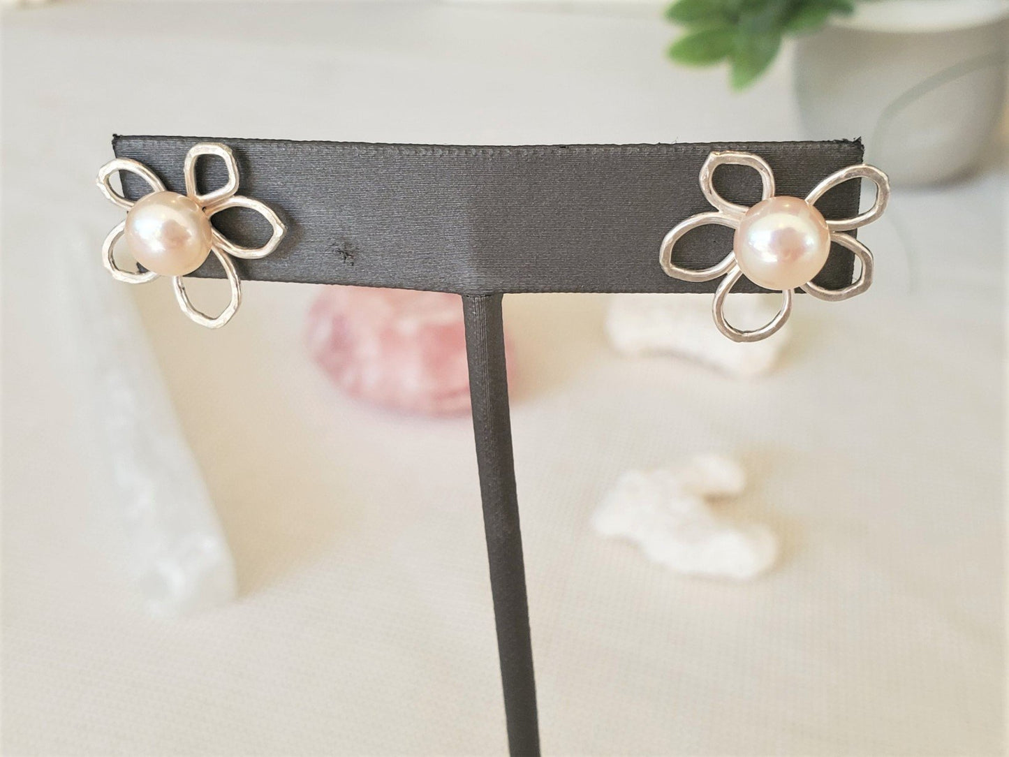 Naupaka Flower Studs with Freshwater Pearls