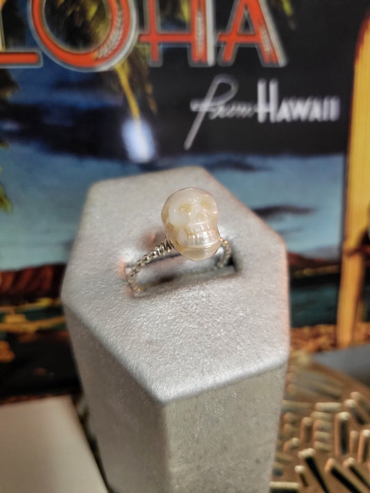 Beaded Pearl Skull Ring